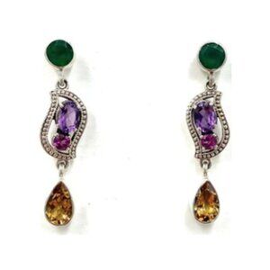 Nicky Butler Sterling Silver Amethyst Citrine Multi Gem Paisley Drop Earrings
